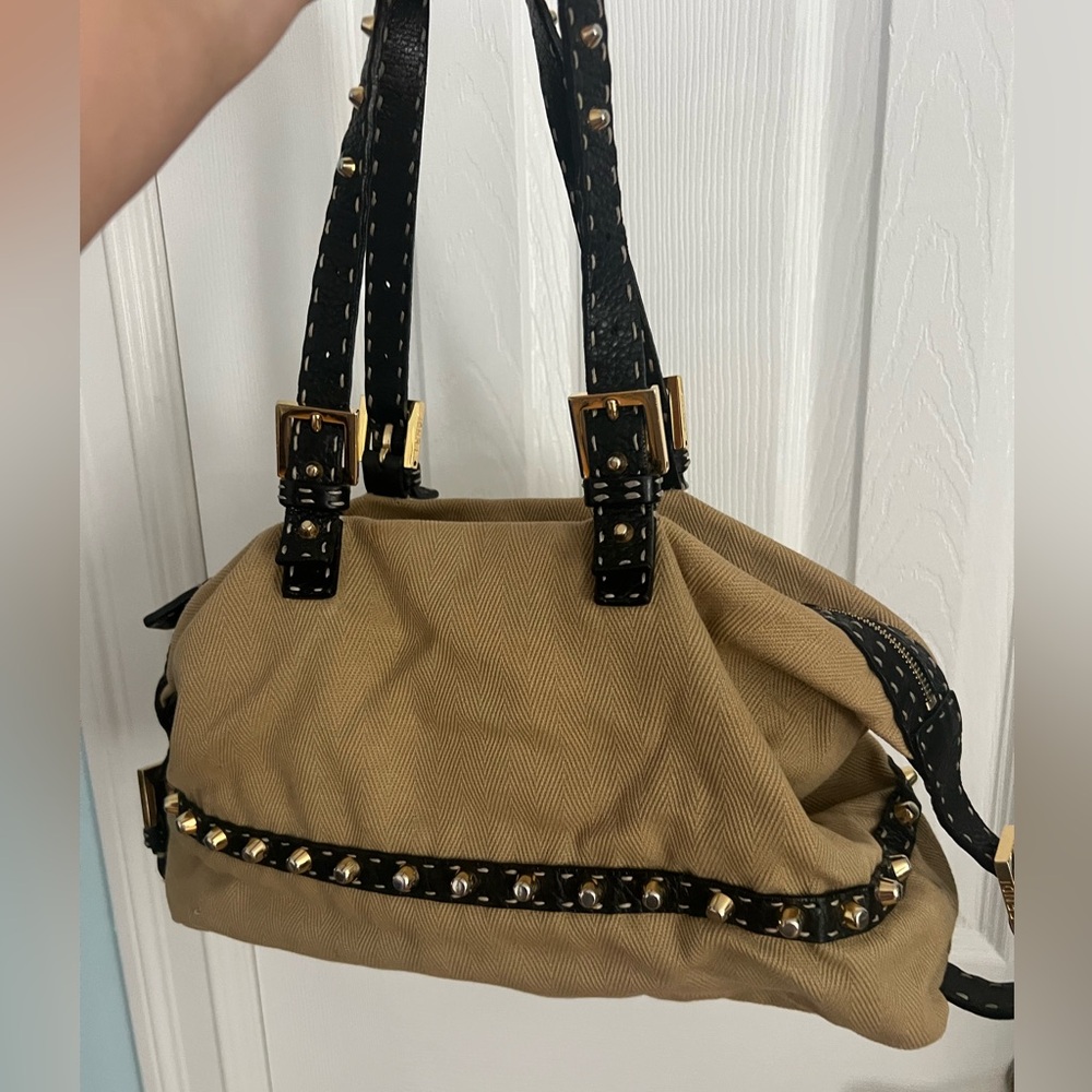 Fendi Twill Canvas & Leather Trim Studded Selleria Handbag